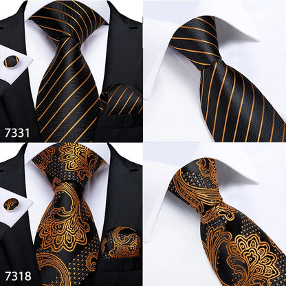 Fashion Men Tie Luxury Gold Black Dot Striped Paisley Silk Wedding Tie For Men DiBanGu Designer Hanky Cufflinks Gift Tie Set