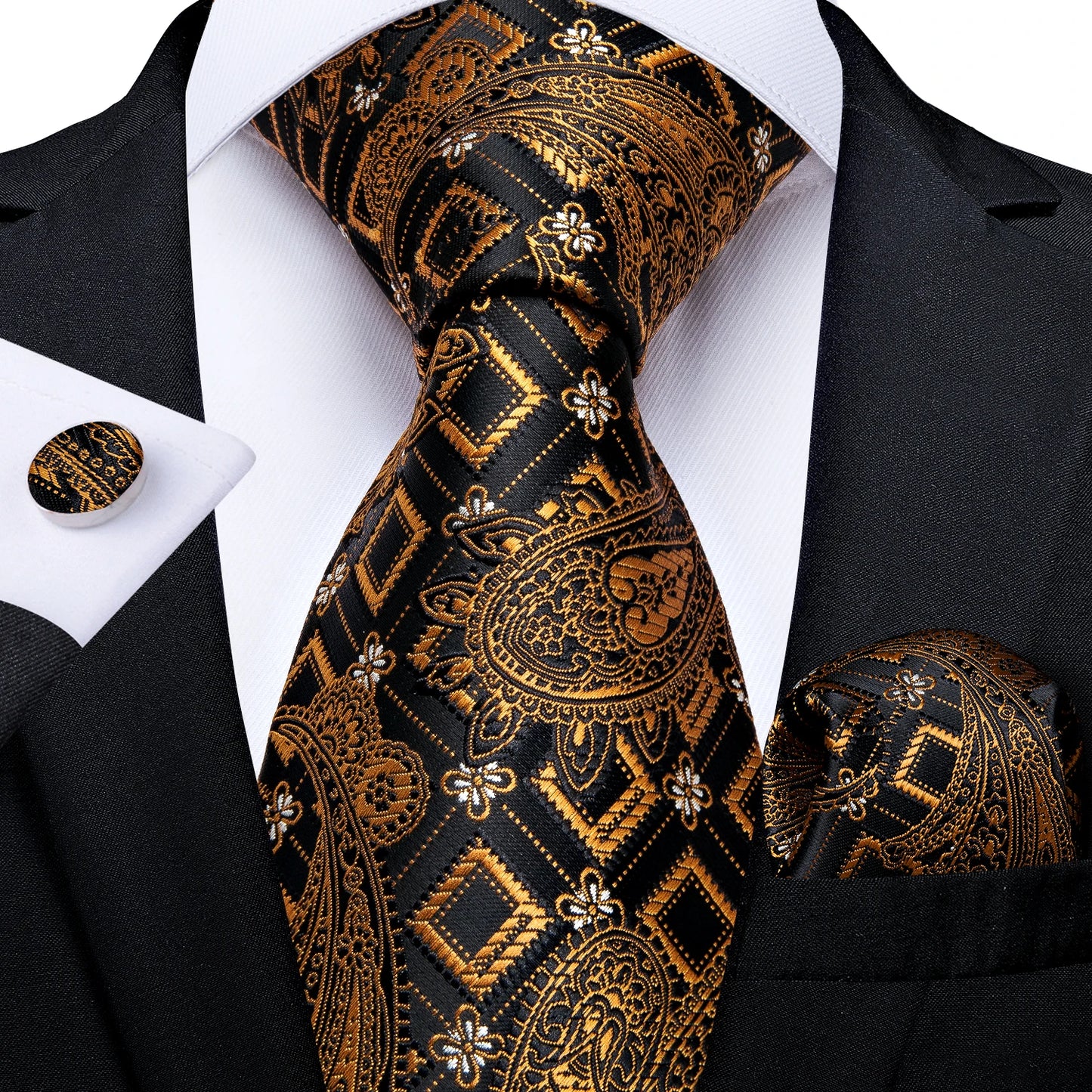 Luxury Black Gold Paisley Striped Floral Silk Men's Tie Set Handkerchief Cufflinks Wedding Party Accessories Groom Gift for Men