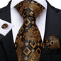 Luxury Black Gold Paisley Striped Floral Silk Men's Tie Set Handkerchief Cufflinks Wedding Party Accessories Groom Gift for Men