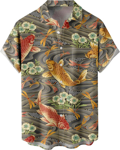 Summer Men's Gradient Sketch Coconut Tree 3D Printed Shirt, Vintage Hawaiian Tropical Quick Drying Loose Shirt