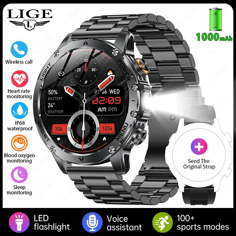 LIGE 2026 New Ultra Military Grade 1000mAh Battery Smart Watch For Men IP68 Waterproof Sports Fitness Bluetooth Call Smartwatch