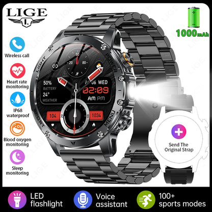 LIGE 2026 New Ultra Military Grade 1000mAh Battery Smart Watch For Men IP68 Waterproof Sports Fitness Bluetooth Call Smartwatch