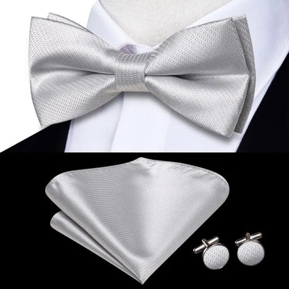 Hi-Tie Mens Bow Tie Hanky Cufflinks Set White Black Gray Silver Pre-tied Butterfly Knot Bowtie for Male Wedding silk Business