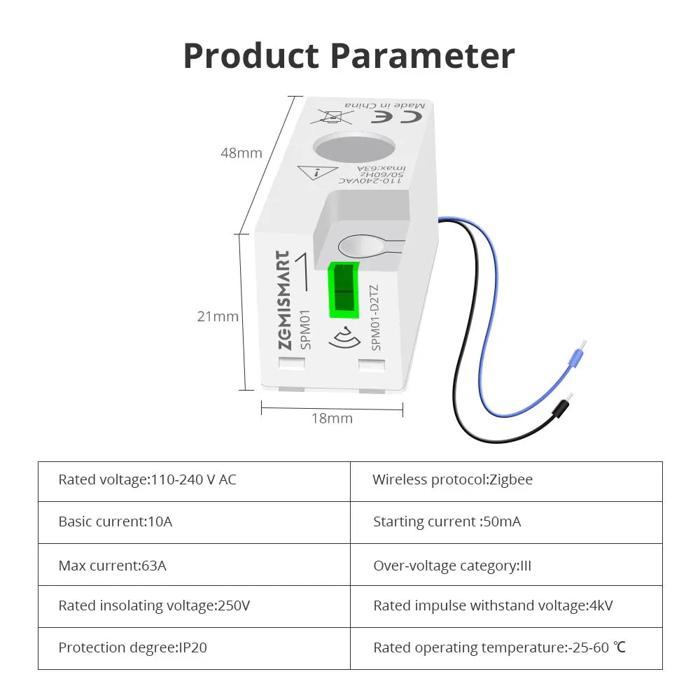 Zemismart Zigbee WiFi 63A MiNi Energy Meter Electric Monitor Sensor Work with Tuya Smart Zigbee2mqtt Home Assistant Homey SPM01