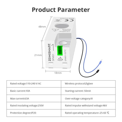 Zemismart Zigbee WiFi 63A MiNi Energy Meter Electric Monitor Sensor Work with Tuya Smart Zigbee2mqtt Home Assistant Homey SPM01