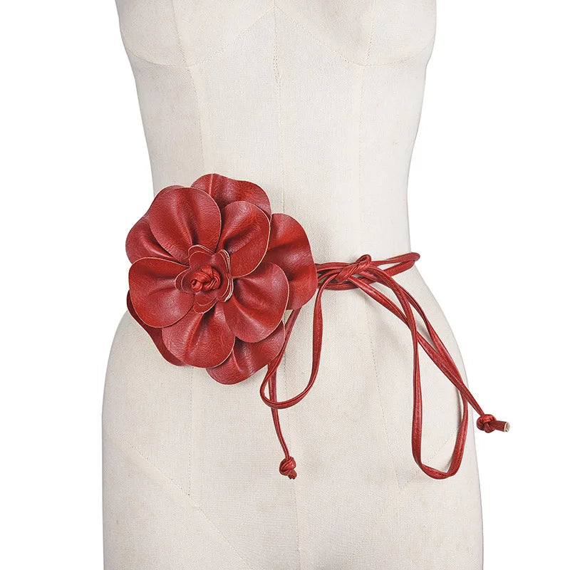Bohemian PU Leather Waist Belt - Large Flower Tie Wrap Sash with Bow for Dress Decoration