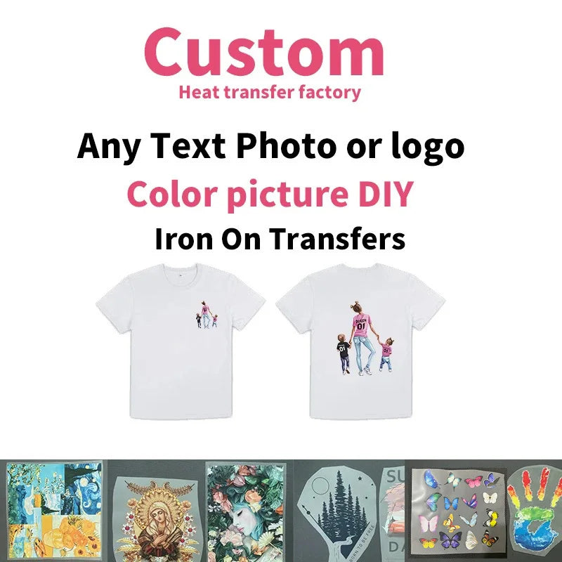 Custom Logo or Picture Iron On Heat transfer Stickers For Clothing DIY Washable T-Shirts Thermal Patch DTF Colorful Vinyl