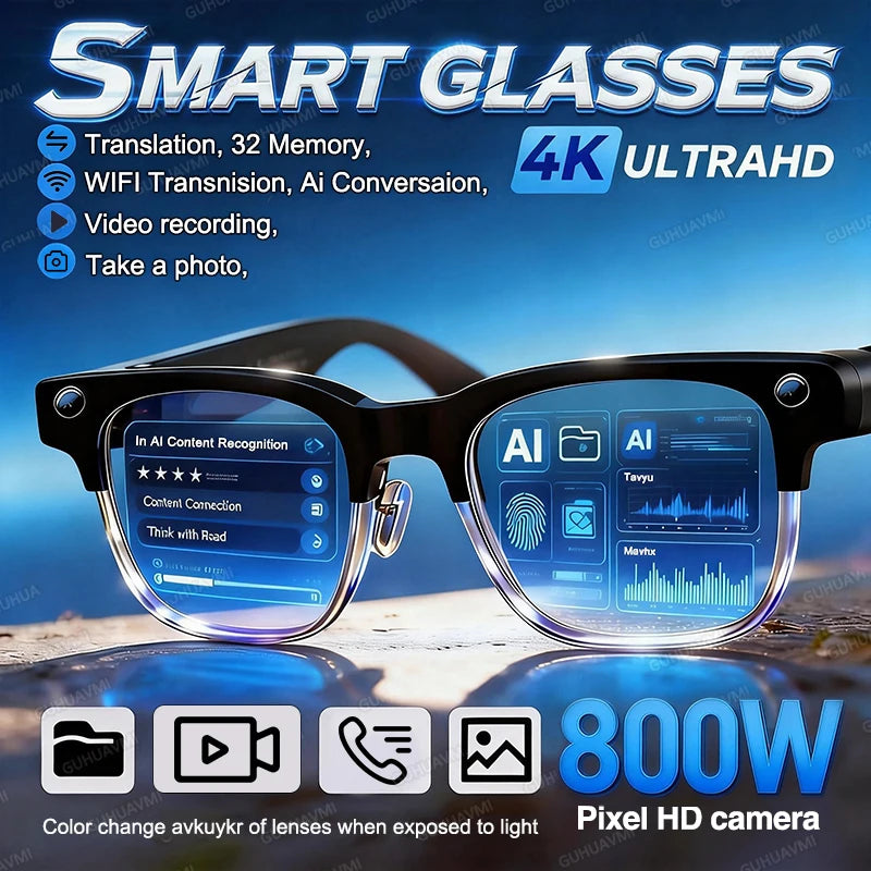 2026New 800W Pixel Camera Smart Glasses Men Video Recording AI Photo Recognition Bluetooth Call Voice Translation Sunglasses Man