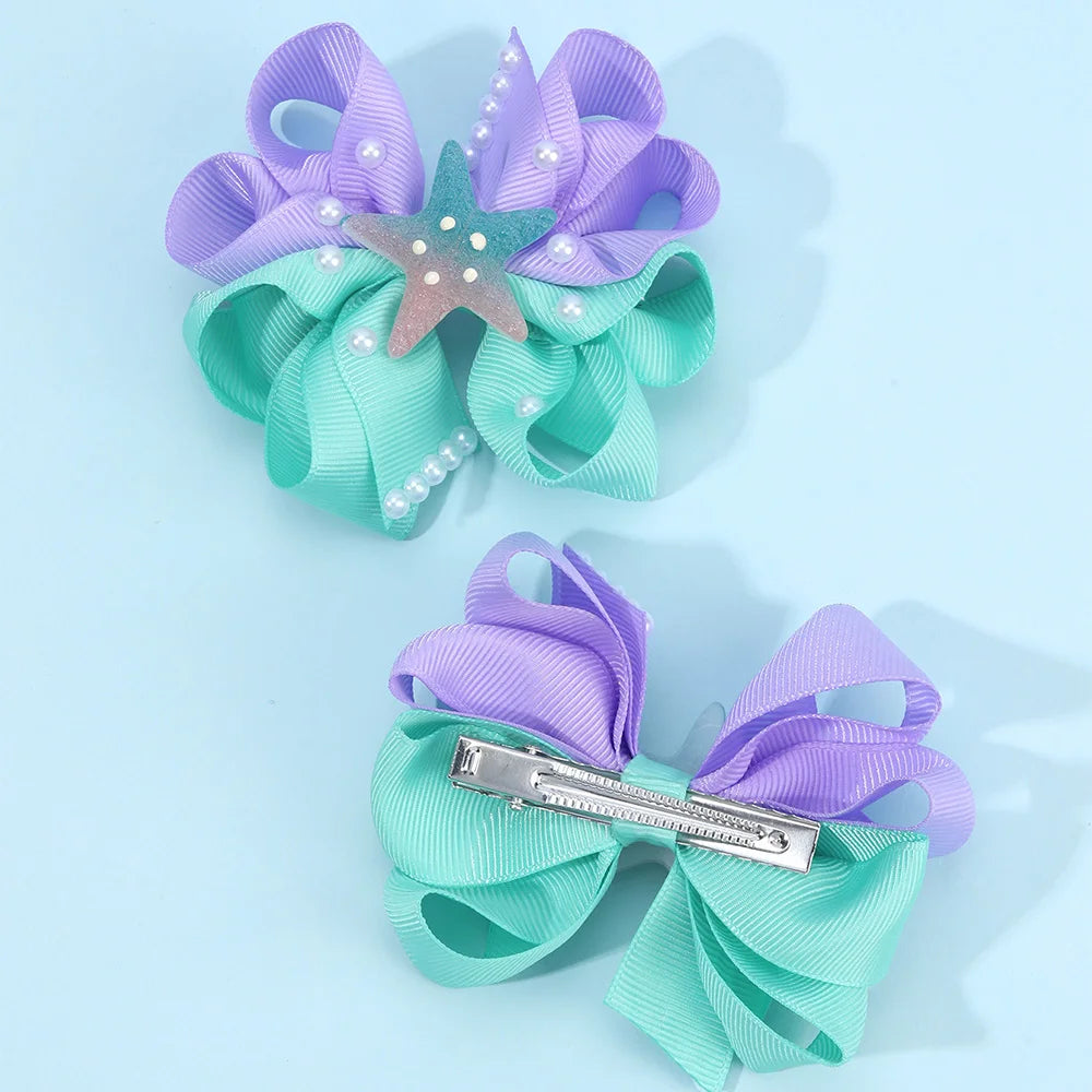 2Pcs Starfish Bow Hair Clips For Girls Sweet Ribbon Patchwork Cute Pearls Hairpins Kids School Trendy Headwear Accessories