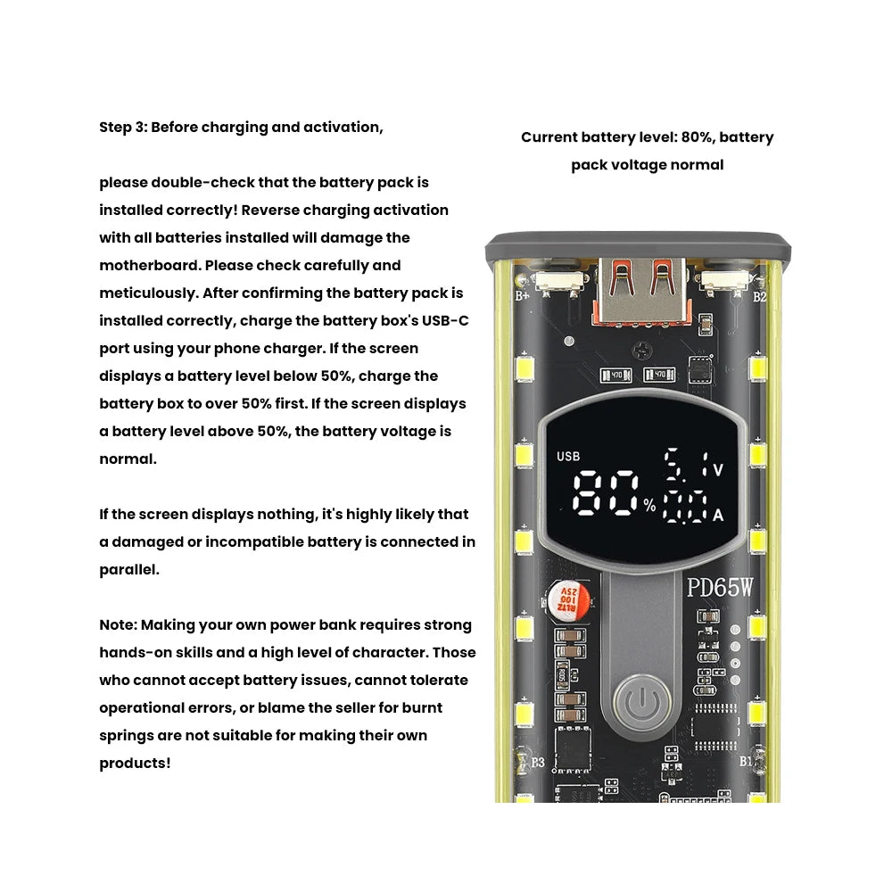 65W PD Fast Charge 8-Cell Solderless 18650 Power Bank Case 3.3-24V Adjustable DC DIY Battery Box LED Display Outdoor Light