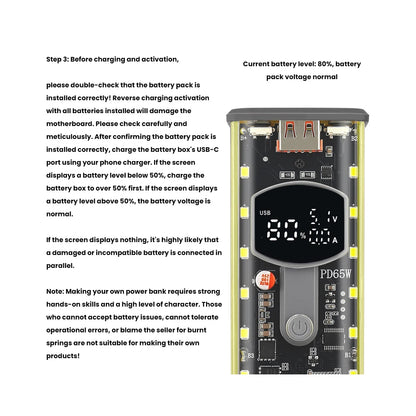 65W PD Fast Charge 8-Cell Solderless 18650 Power Bank Case 3.3-24V Adjustable DC DIY Battery Box LED Display Outdoor Light