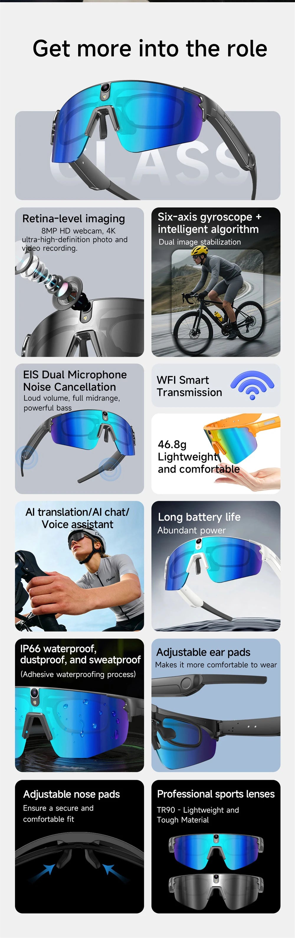Inteligentne okulary rowerowe AI 4K HD z kamerą 800W, połączenia Bluetooth, tłumaczenie, stabilizacja obrazu, przeciwsłoneczne, dla mężczyzn i kobiet, anty-UV, wodoodporne, muzyka