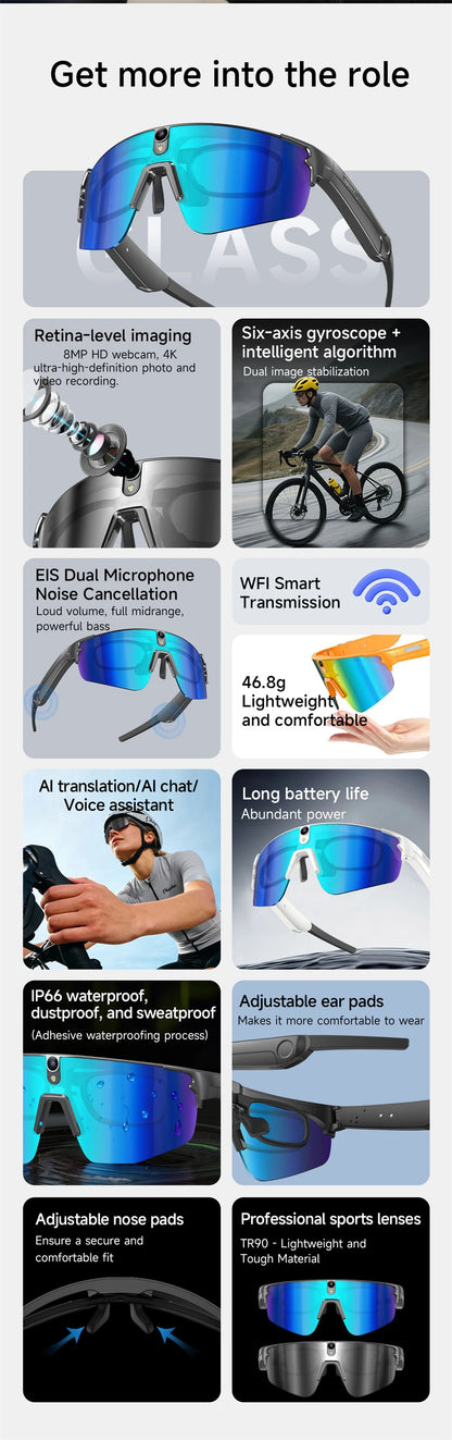 Inteligentne okulary rowerowe AI 4K HD z kamerą 800W, połączenia Bluetooth, tłumaczenie, stabilizacja obrazu, przeciwsłoneczne, dla mężczyzn i kobiet, anty-UV, wodoodporne, muzyka