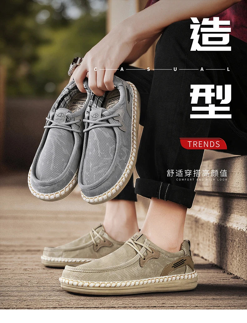 2026 Summer New Men Slip-on Breathable Mesh Shoes, Lazy Casual Hemp Sole Low-top Loafers, Lightweight Anti-slip Fisherman Shoes
