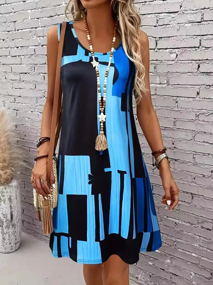 2025 New Fashion Women's Dress Casual Beach Round Neck Sleeveless Loose Dress Summer Women's Vest Striped Print Dress Sundress