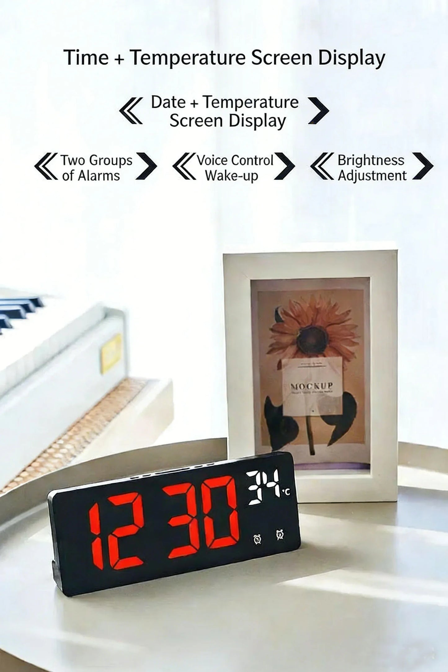 Voice Control Digital Alarm Clock Temperature Dual Alarm Snooze Desktop Table Clock Night Mode 12/24H LED Clock Watch Desk