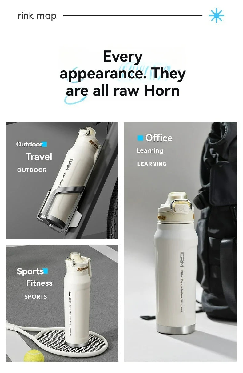 1L Stainless Steel Thermos Bottle, Iced & Heat Insulated Cup, Hiking Cycling Fitness Vacuum Flask with Handle