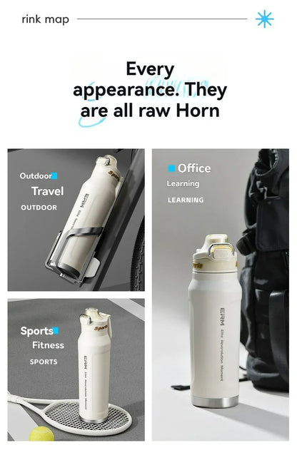 1L Stainless Steel Thermos Bottle, Iced & Heat Insulated Cup, Hiking Cycling Fitness Vacuum Flask with Handle