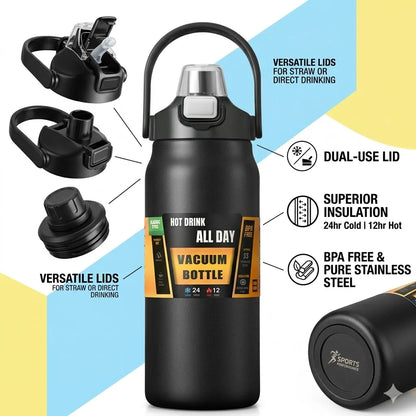 Stainless Steel Vacuum Bottle Large Capacity 1.2L/1.5L Insulated Thermo Water Flask Dual Use Lids Direct Straw Sport Gym Tumbler