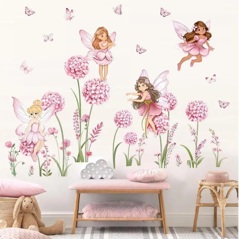 Z. Cartoon Pink Flower Fairy Dandelion Wall Stickers Girl Room Floral Butterfly Wall Decals Bedroom Baby Nursery Kids Home Decor
