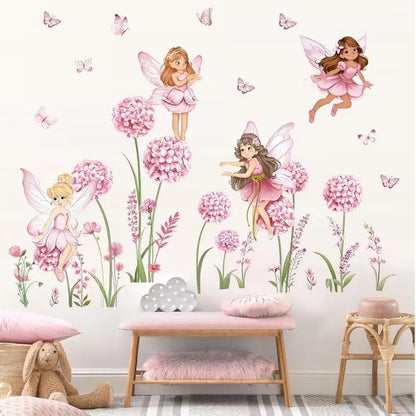 Z. Cartoon Pink Flower Fairy Dandelion Wall Stickers Girl Room Floral Butterfly Wall Decals Bedroom Baby Nursery Kids Home Decor