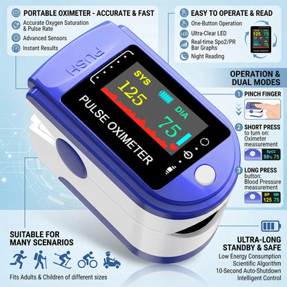 Finger Clip Sphygmomanometer and Oximeter 2IN1 Home Visual Pulse Oxymeter SpO2 Saturation Medical Health Blood Pressure Monitor