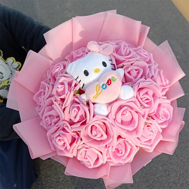 Anime Hello Kitty Cartoon Plush Bouquet Rose Flowers  Soft Plush Doll Home Wedding Decoration Christmas Valentine's Day Gift