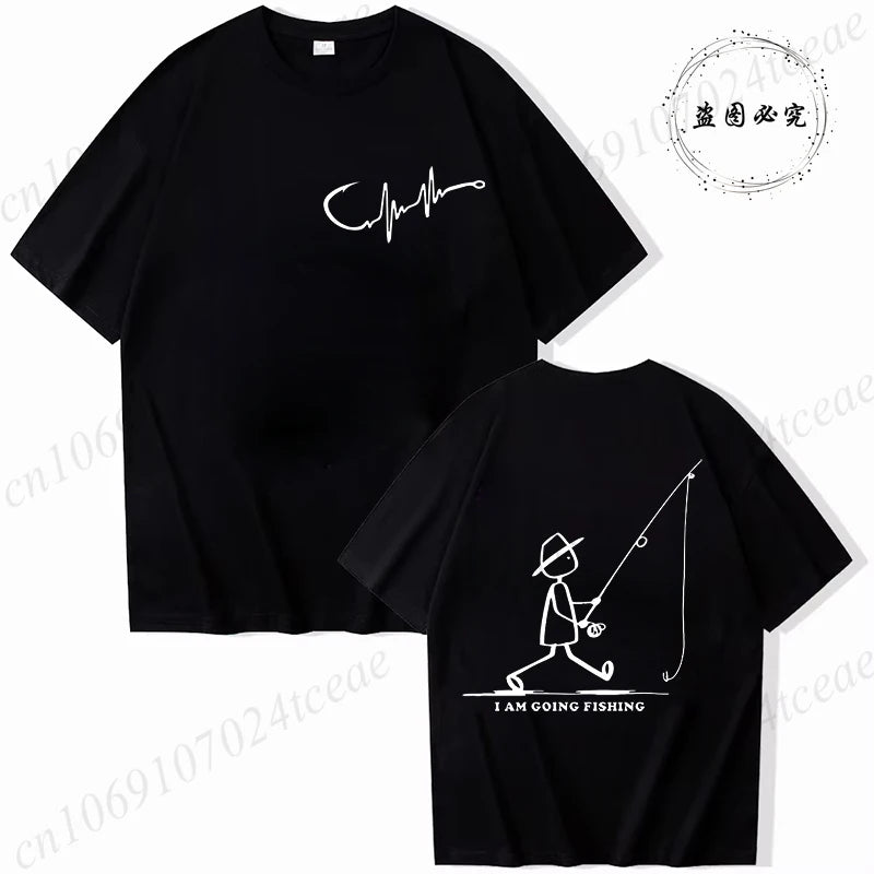 Men's Fishing Graphic T-shirt Black with Fisherman Front Back Print T-Shirts Summer Tee Fishing Trip Personality Male Tee Tops