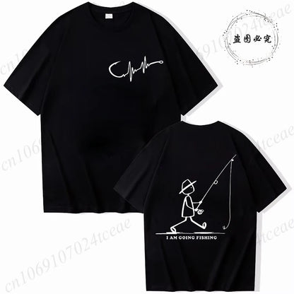 Men's Fishing Graphic T-shirt Black with Fisherman Front Back Print T-Shirts Summer Tee Fishing Trip Personality Male Tee Tops