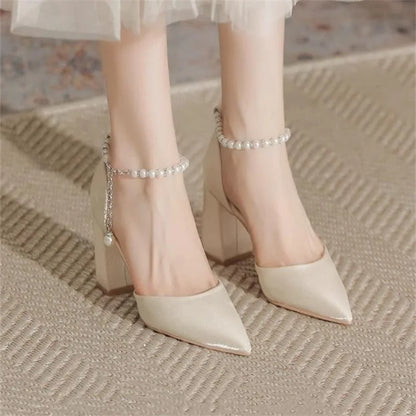 Elegant Pearl Embellished Pointed Toe Chunky Heel Open Toe High Heels Wedding Shoes for Women Comfortable Dress Pumps Stylish