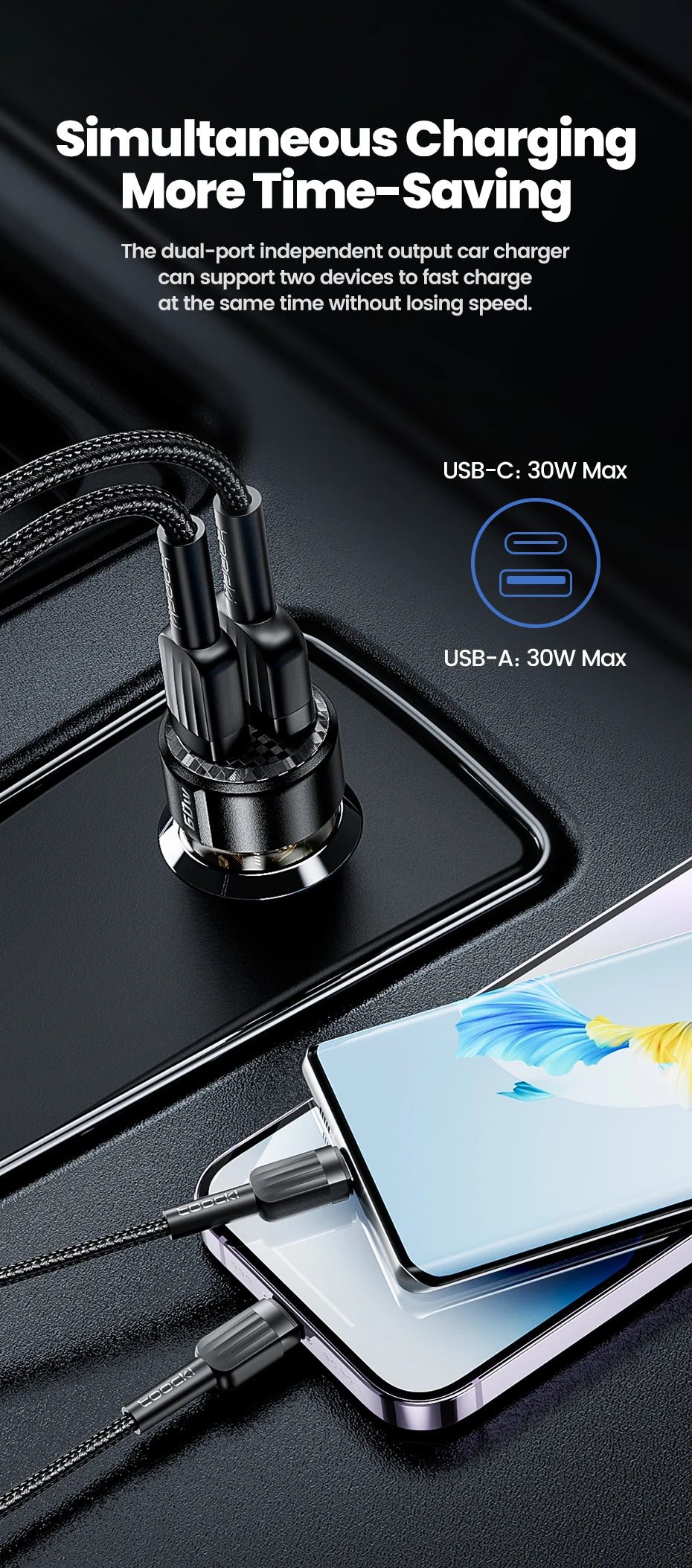 Toocki Transparent USB Type C Car Charger PD QC 3.0 Fast Charging 60W USB C Car Mobile Phone Charger Adapter For iphone Android
