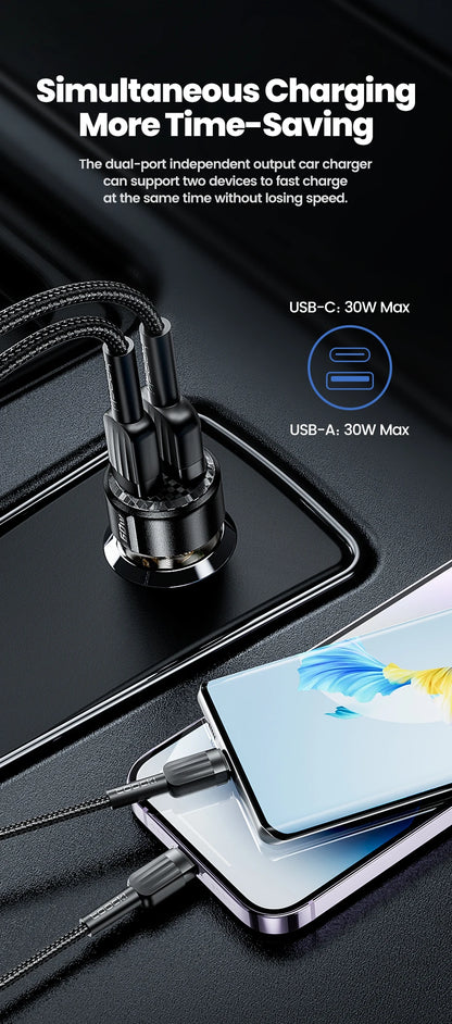 Toocki Transparent USB Type C Car Charger PD QC 3.0 Fast Charging 60W USB C Car Mobile Phone Charger Adapter For iphone Android