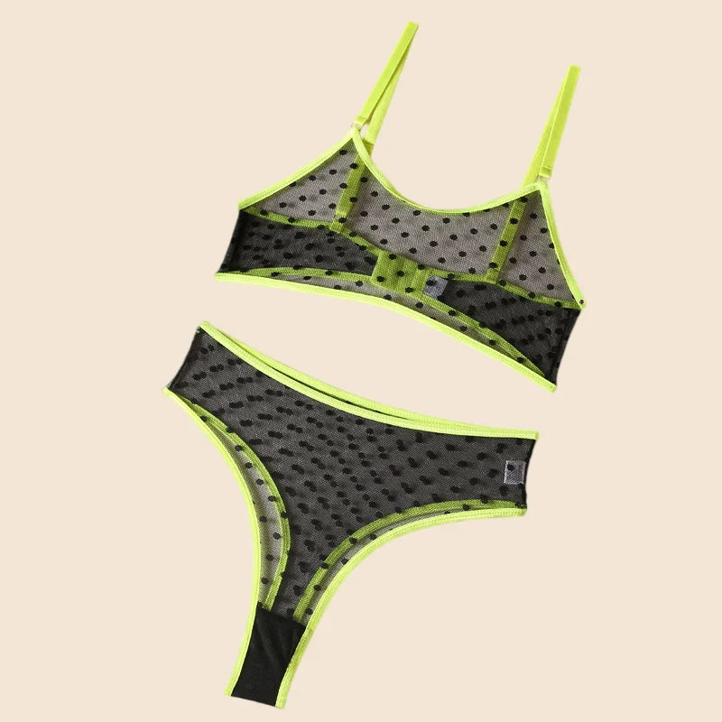 2026 Lingerie Set Polka Dot Sexy Women Underwear See Through Bra and Panty Set Intimate fluorescent Green 2 Piece Sexy Outfits