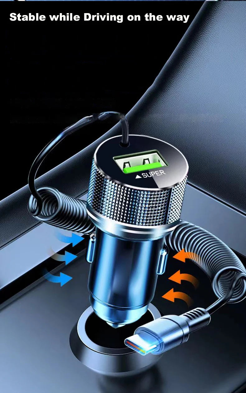 Ładowarka samochodowa EDEBA Metal USB z kablem Type-C 12 V Super szybkie ładowanie, adapter samochodowy 2 w 1 do iPhone'a, Samsunga, Huawei, VIVO, OPPO