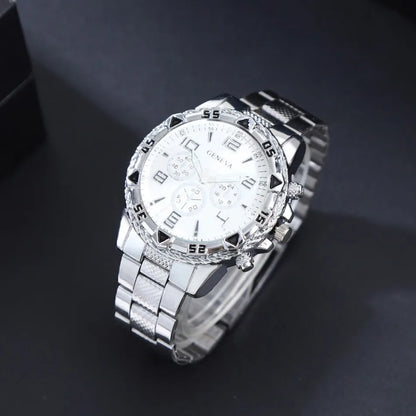 4 Pcs/Set Fashion Men's Watches  Alloy Men Quartz Wrist Watch Casual Business Mens Clock Necklace Bracelet Ring Set