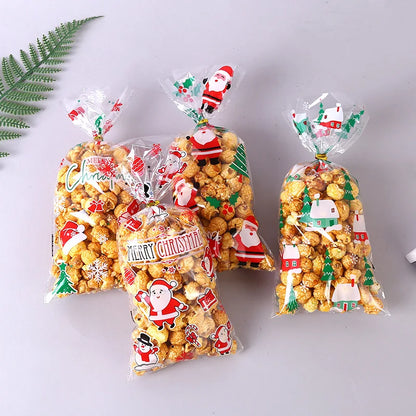 50/100pcs Christmas candy drawstring bag opp cellophane cookies nuts plastic bags New Year gift wrapping bags free gift ties