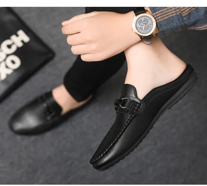 Summer Half Shoes For Men Comfortable Leather Casual Shoes Soft Flat Men's Loafers Lightweight Slip-on Shoes Man Daily Slippers