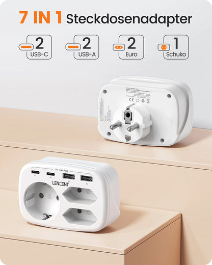 LENCENT EU Plug Power Strip with  3 AC Outlets +3 USB Charging Ports+ 1 Type C 5V 2.4A  Adapter 7-in-1 Plug Socket On/Off Switch