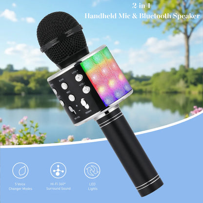 Fun Karaoke Microphone Speaker for Adults Kids, Wireless Bluetooth, Voice Changer, Echo Effect, LED Lights Microphone for Party