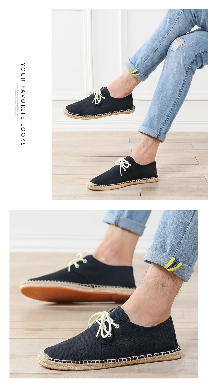 Male Casual Canvas Hemp Insole Fisherman Light Shoes Ethnic Style Men Espadrille Flats Shoes Summer Casual Shoes Driving Shoes