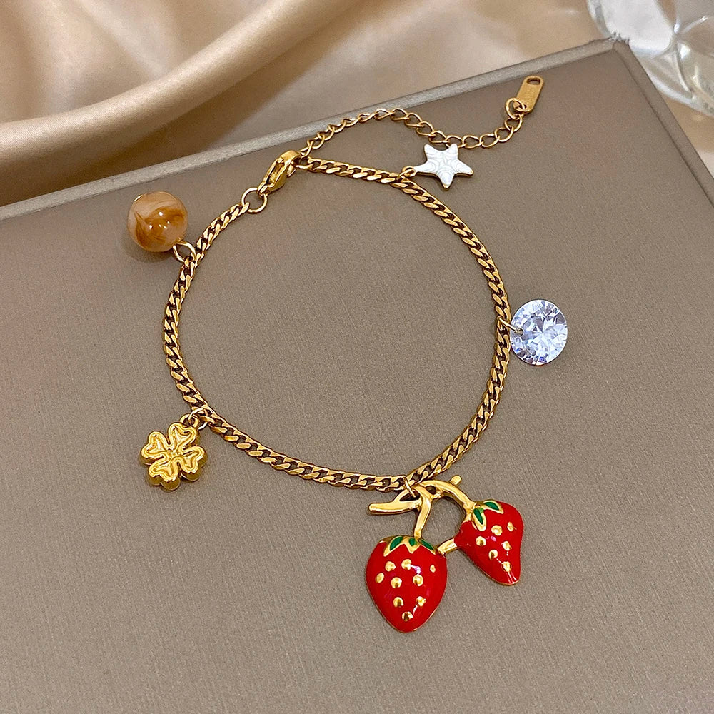Fashion Gold Plated Stainless Steel Chain Bracelet for Women Cute Star Heart Cherry Tassel Charms Bracelets Waterproof Jewelry