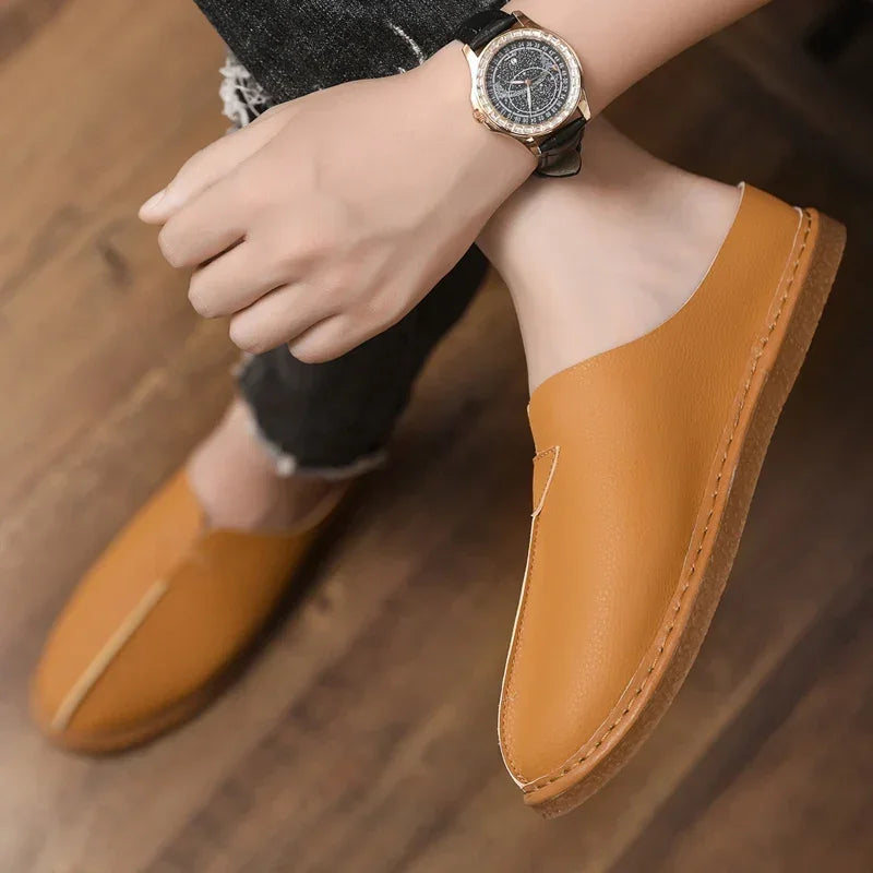 Fashion Leather Men Casual Shoes Slip on Man Loafers Breathable Soft Half Slippers Summer Flats Lightweight Lazy Driving Shoes
