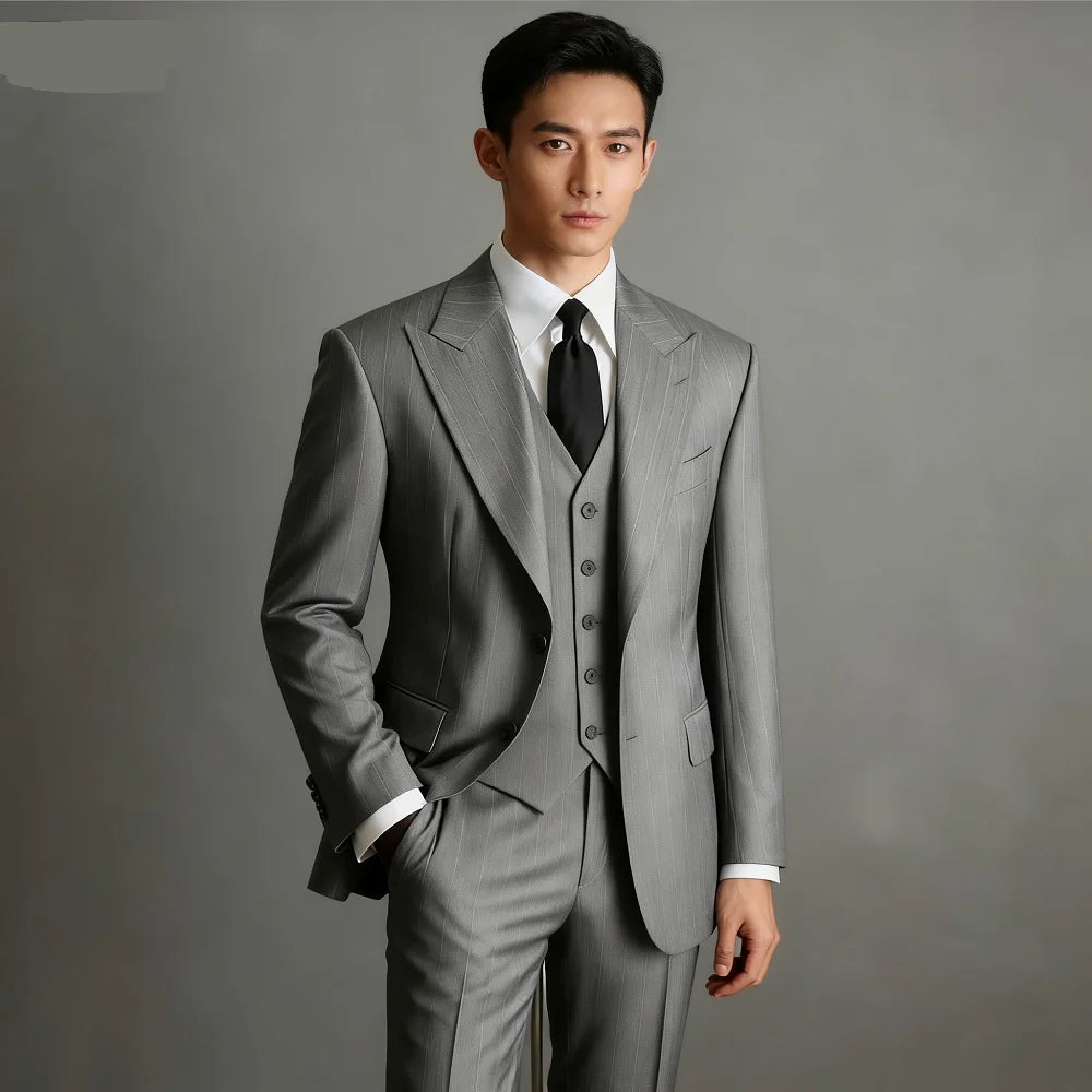 Elegant Men's Wedding Suit Brown Striped Formal Office Wedding Groom 3-Piece Blazer Vest Pants Set for Business Office
