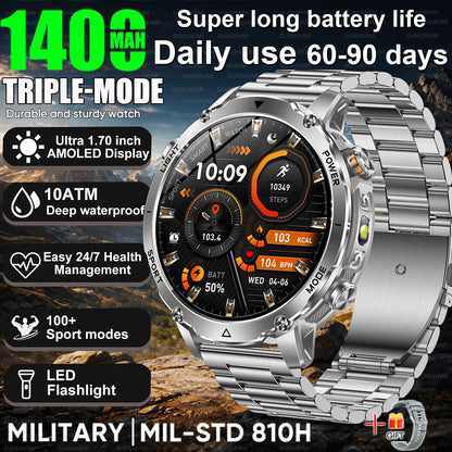2026 Nowy Wojskowy CZOŁG Smartwatch Połączenia Bluetooth Wodoodporność 10ATM Bateria 1400mAh Monitorowanie Tętna Zegarek Sportowy Outdoor Męski