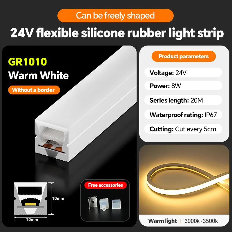 LED flexible silicone light strip embedded 24V waterproof tubing linear lamp concealed installation flexible soft light strip