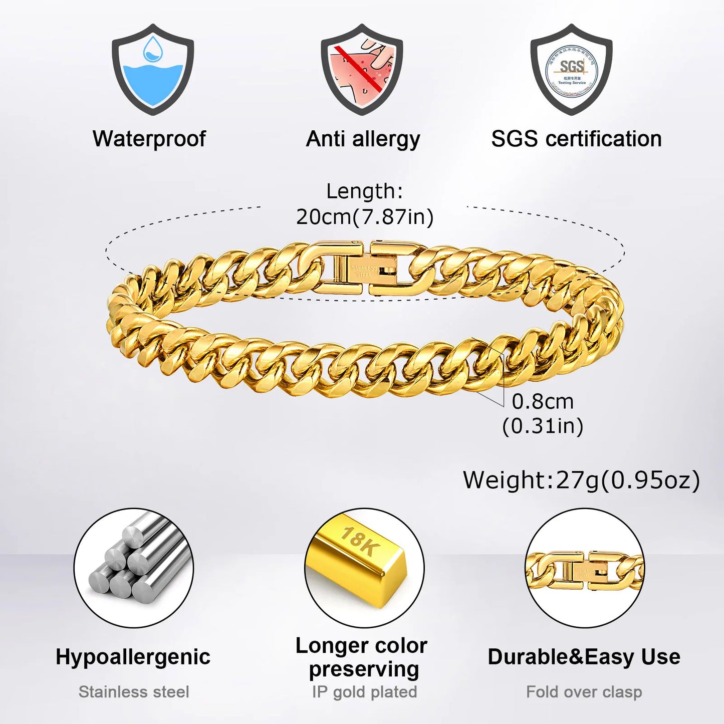 Gold Color Cuban Chain Bracelets for Men,6/8/10/12MM Stainless Steel Chain Link Wristband,Casual Hip Hop Male Jewelry Gift