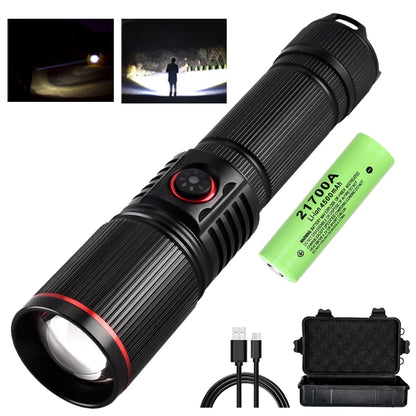 Aluminum Alloy White Laser Powerful LEP Flashlight 18650 or 21700 Battery Zoom Torch Light Lamp with Tail Rope Power Indicator