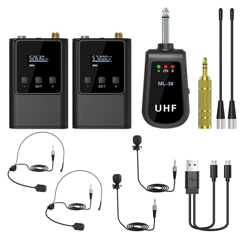 Dual Wireless Microphone System Headset Mic/Stand Mic/Lavalier Lapel Mic with Rechargeable Bodypack Transmitter & Receiver