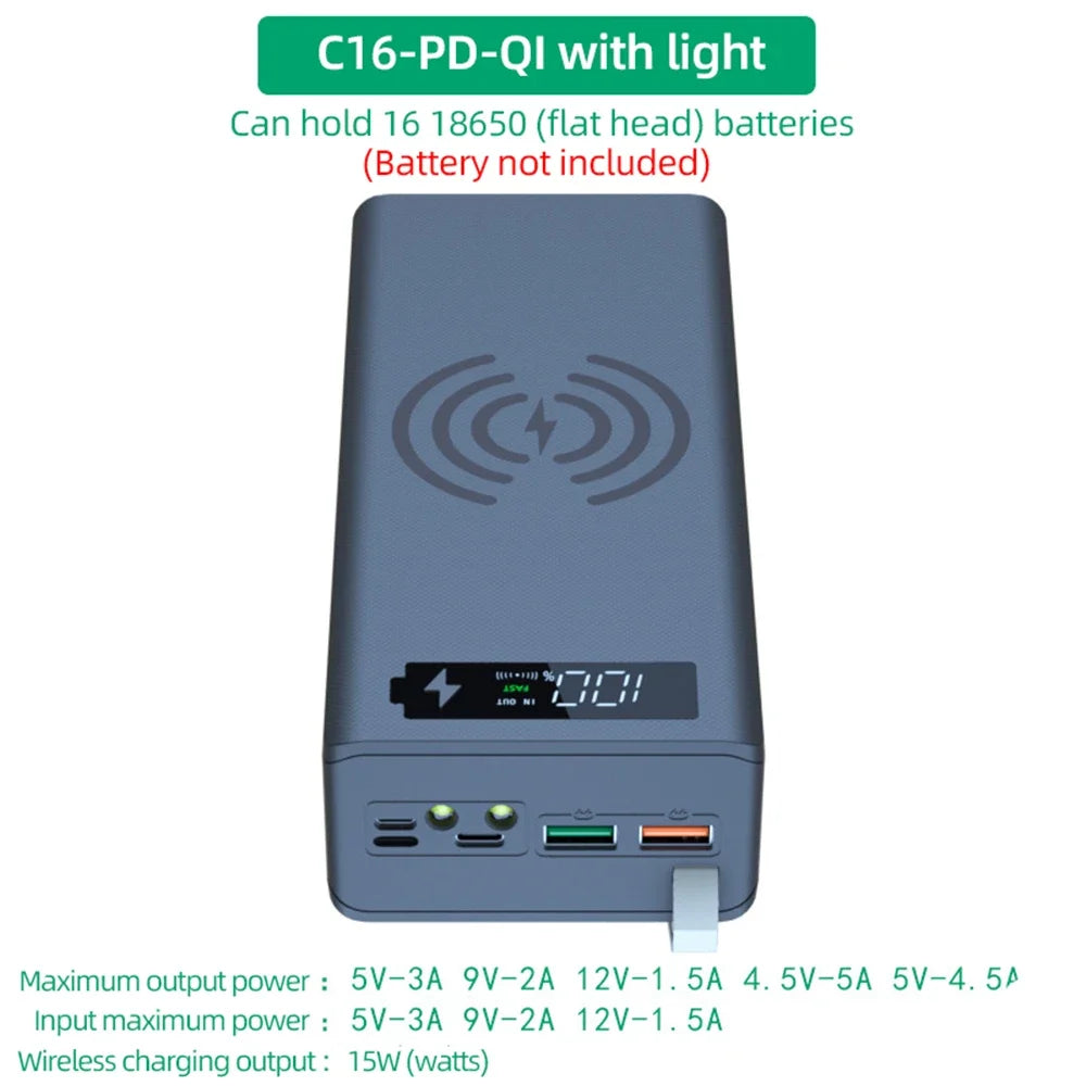 C16 Power Bank Case 16*18650 USB Welding Free Power Bank Case Detachable Portable QC 3.0 PD DIY Shell Housing For Powerbank