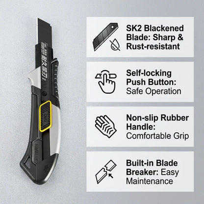 Pro Aluminum Cutter 18mm SK2 Black Blade Thick 0.6mm Rubber Grip Sharp Box Knife + 10pcs Blades Set Heavy Duty DIY Tool